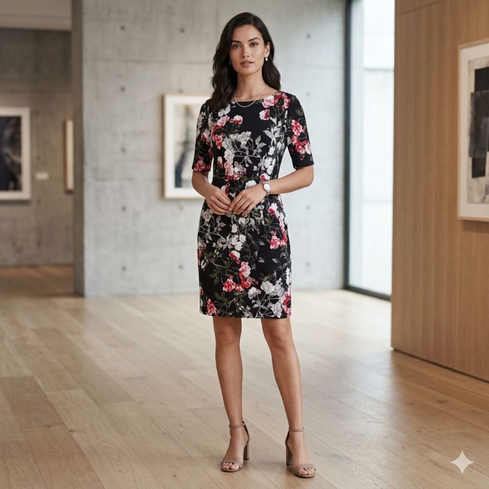 Banana Republic Black Floral Pleat Waist Sheath Dress